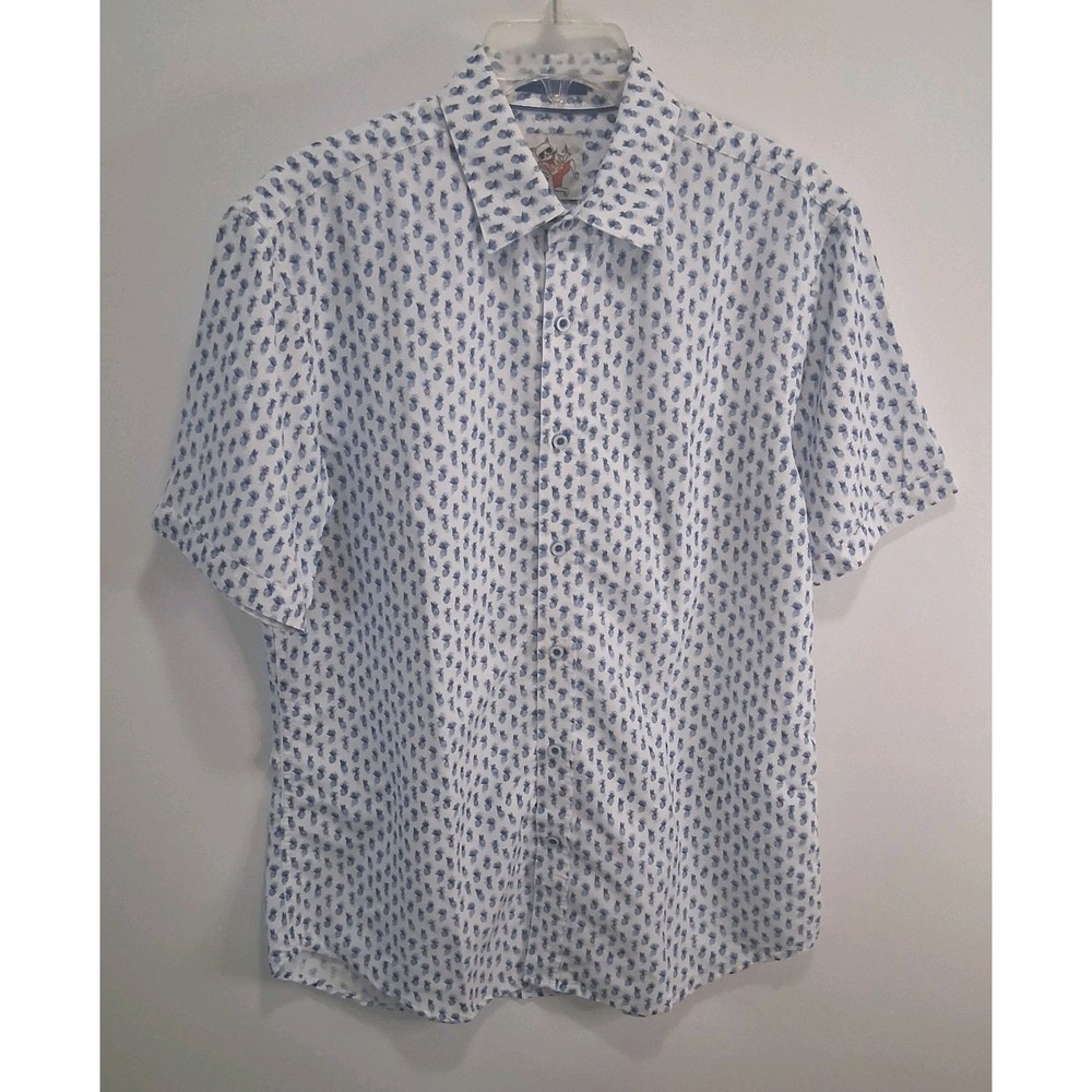 Marti Kat Men's Medium Short Sleeve Pineapple Hawaiian Shirt Button Blue White